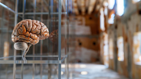 A striking display of a human brain in a glass case set against the backdrop of an abandoned industrial space. The contrast highlights themes of decay and curiosity.の素材