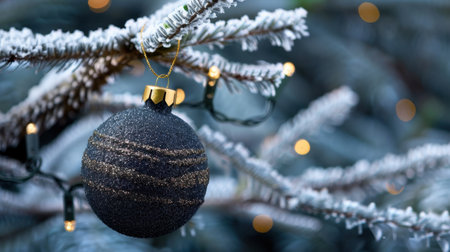 A stunning close-up of a black glitter Christmas ornament delicately hanging from a frosted pine branch, illuminated by soft twinkling lights.の素材