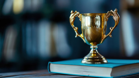 A beautifully crafted golden trophy resting atop a blue book, symbolizing achievement and success. The soft background enhances the elegance and inspiration.の素材