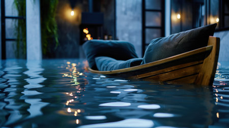 This captivating indoor scene features a couch gracefully floating on water, creating a tranquil atmosphere in a modern architectural setting.の素材