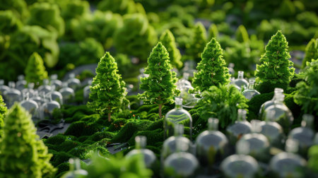 This vivid image showcases a lush green forest interspersed with transparent glass bottles, symbolizing the vital connection between nature and sustainability.の素材