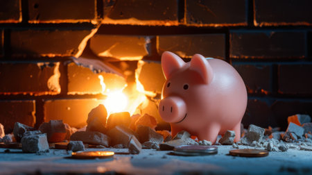 A pink piggy bank rests among broken bricks with a warm glowing flame in the background, symbolizing financial struggles, recovery, and savings strategies.の素材