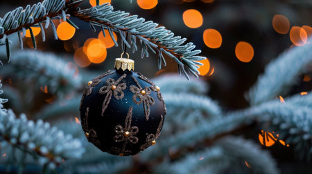 A stunning black Christmas ornament hangs gracefully from a frosted evergreen branch, surrounded by soft glowing bokeh lights, evoking holiday magic and warmth.の素材