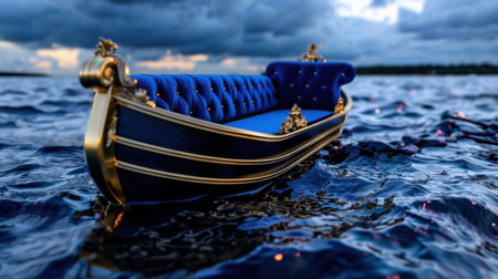 This captivating image showcases an elegant vintage boat with exquisite blue upholstery, floating serenely on water under a dramatic, cloudy sky.の素材