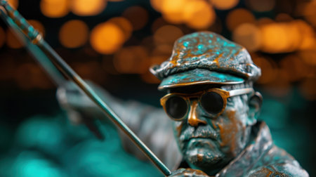 This vibrant close-up image features a meticulously crafted fisherman statue, showcasing intricate details against a colorful bokeh background, highlighting artistry.の素材