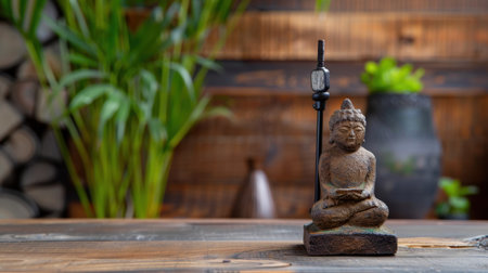 This image features a serene Buddha statue, exuding tranquility and calmness, set against a backdrop of lush greenery and natural elements. Ideal for wellness themes.の素材