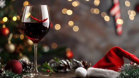 A beautifully arranged glass of red wine surrounded by festive decorations, shining lights, and a Christmas hat, perfect for celebrating the holiday season.の素材