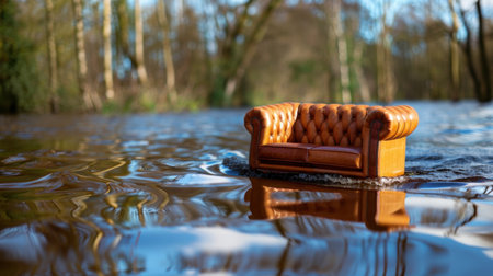A vintage leather couch floats gently on a calm river, surrounded by lush green trees, creating a surreal and tranquil outdoor scene.の素材