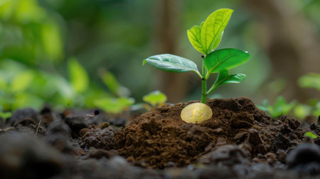 A vibrant plant emerges from rich soil, accompanied by a gold coin, symbolizing the investment in sustainable growth and future prosperity.の素材