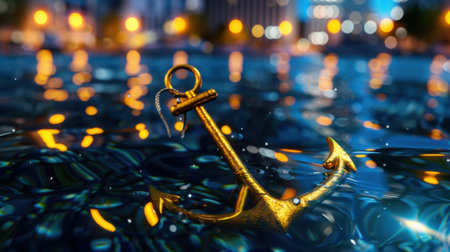 A stunning image of a golden anchor gently floating on calm water, surrounded by beautiful reflections from city lights and illuminated bokeh effects at night.の素材
