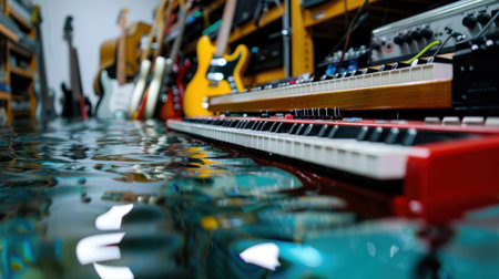 A flooded music studio showcases electric guitars and a keyboard partially submerged, creating an artistic and chaotic reflection on the water surface.の素材