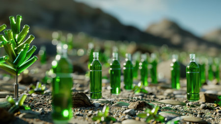 This artistic image showcases green bottles scattered in a desert landscape, complemented by rocky textures and vibrant vegetation under a bright blue sky.の素材