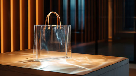 A sophisticated transparent handbag displayed in a chic setting, featuring warm ambient lighting that creates intriguing shadows and highlights.の素材