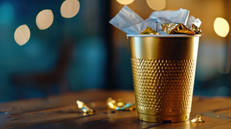 This image showcases a stylish gold trash can filled with crumpled paper and foil wrappers, set against a blurred bokeh background. The modern design and luxury feel add an artistic touch to any space.の素材