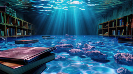 Immerse yourself in this serene underwater library scene, featuring floating books and ethereal sunrays piercing through crystal-clear water, evoking a sense of wonder.の素材