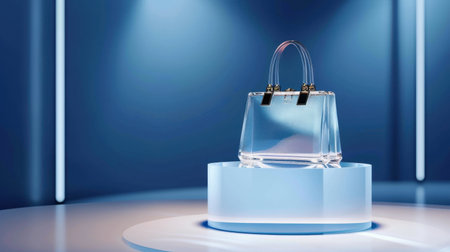 This image features an elegant transparent handbag showcased on a sleek pedestal, illuminated by sophisticated blue lighting, perfect for fashion promotion.の素材