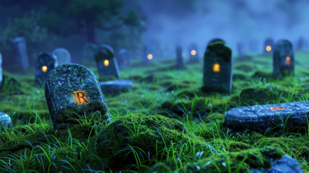 This captivating image depicts a quiet graveyard at night, featuring illuminated tombstones surrounded by thick green grass and mist, creating an eerie yet serene atmosphere.の素材