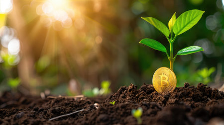 A vibrant green plant emerges from rich soil beside a golden bitcoin, illustrating the intersection of nature and cryptocurrency, representing growth and investment.の素材