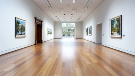 A beautifully designed art gallery featuring a spacious interior with warm wooden flooring and vibrant artworks illuminated by natural light.の素材