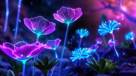 A mesmerizing scene showcasing vibrant neon flowers with glowing petals set in an ethereal forest. Perfect for fantasy and nature themes.の素材