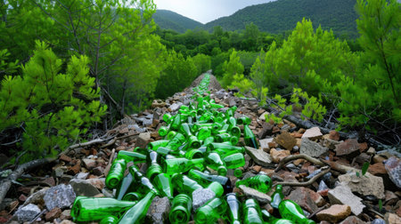 A tranquil forest scene marred by litter, with green glass bottles scattered on rocky ground. Lush vegetation and mountains create a stark contrast, raising awareness about environmental issues.の素材