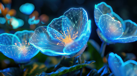 A stunning depiction of futuristic glowing flowers featuring neon effects and intricate digital patterns, creating a captivating mystical garden ambiance.の素材