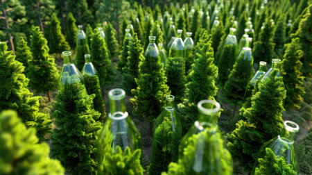 This captivating image features a lush green forest with unique glass bottles interspersed among the trees, symbolizing environmental sustainability and harmony with nature.の素材