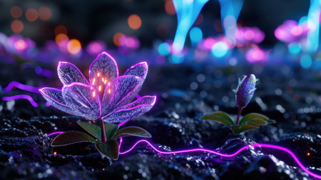 This captivating image features glowing flowers in a dark landscape, showcasing vibrant light trails. Perfect for themes of nature, technology, and fantasy.の素材
