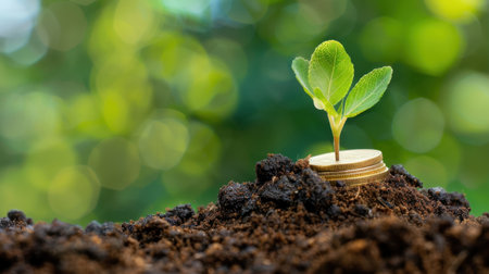 A vibrant green seedling emerges from rich soil topped with shining gold coins, symbolizing growth and financial investment in a serene natural setting.の素材