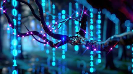Immerse in a captivating fusion of nature and technology, featuring a glowing tree branch intertwined with binary code in an enchanting digital forest.の素材