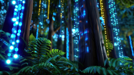 A captivating scene of an enchanted forest at night, featuring glowing lights that dangle from trees, creating a magical and serene atmosphere. The vibrant green foliage adds depth and beauty to the enchanting landscape.の素材