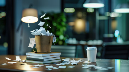 A modern workspace featuring a coffee cup, scattered notes in a plant pot, and books on a desk, evoking creativity and nighttime productivity in an office setting.の素材