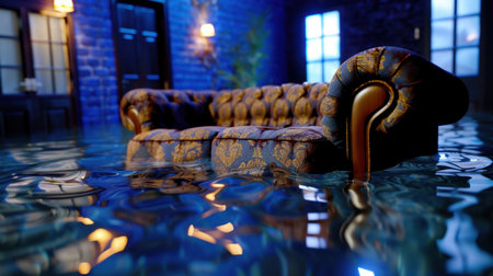 A stunning vintage couch floats gracefully in a pool of water within a stylish interior, illuminated by soft blue lighting, creating a serene atmosphere.の素材
