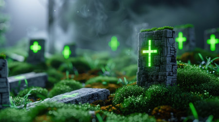 A captivating graveyard scene featuring glowing green crosses on gravestones, surrounded by lush moss and fog, creating an eerie yet mystical atmosphere.の素材