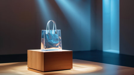 A transparent plastic bag is showcased elegantly on a wooden pedestal, enhanced by soft blue lighting in a modern minimalist setting, creating a striking visual impact.の素材