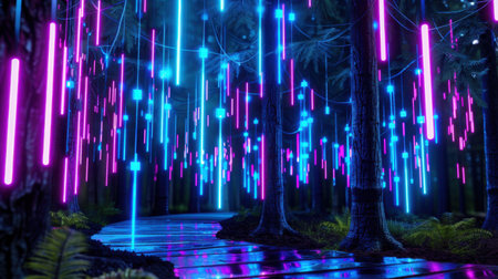 A captivating forest pathway illuminated by vibrant neon lights creates a surreal atmosphere. This dreamlike scene invites exploration and wonder.の素材
