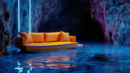 A stunning lounge boat rests peacefully in a serene cave, surrounded by vibrant colors and illuminated by striking RGB lighting, creating a tranquil ambiance.の素材