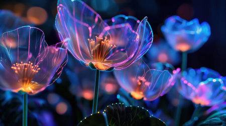 Immerse in the enchanting beauty of ethereal flowers illuminated with neon colors, creating a dreamlike atmosphere that captivates the senses.の素材