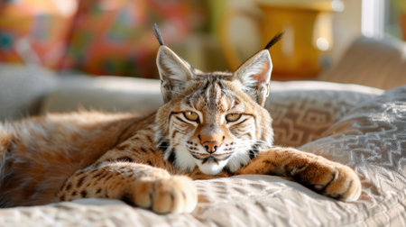 A striking portrait of a lynx resting comfortably on a soft surface, showcasing its intense gaze and luxurious fur in a warm, inviting indoor environment.の素材