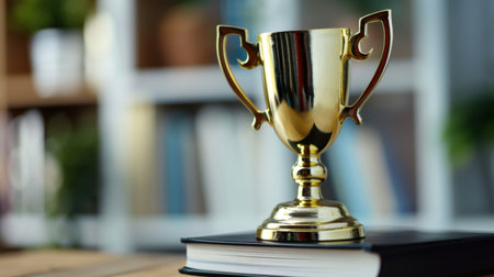 A golden trophy proudly displayed on a book, set against a softly blurred bookshelf backdrop. This image symbolizes achievement and celebration.の素材