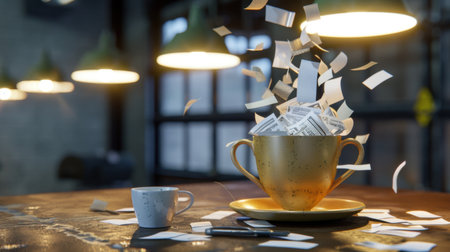 An artistic depiction of a coffee cup beside a gold bowl filled with flying paper pieces, set in a modern workspace illuminated by soft lighting.の素材