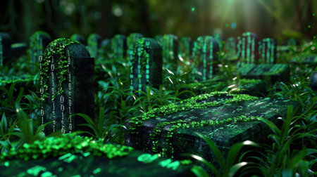 This captivating image showcases a graveyard where tombstones intertwine with glowing digital code and abundant greenery. The soft light creates a serene yet mysterious atmosphere.の素材
