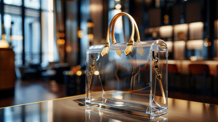 A stunning transparent handbag with gold accents placed on a sleek surface in a modern interior setting, showcasing contemporary fashion and luxury design elements.の素材