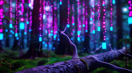 A captivating forest scene featuring vibrant neon lights cascading from trees, creating an otherworldly atmosphere filled with color and enchantment.の素材