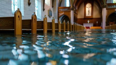 A tranquil scene capturing the interior of a church with calm water levels reflecting the breathtaking architecture and wooden benches, inviting peaceful reflection.の素材
