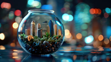 A creative depiction of a cityscape encapsulated in a fishbowl, showcasing skyscrapers and vibrant greenery, set against a stunning bokeh background.の素材