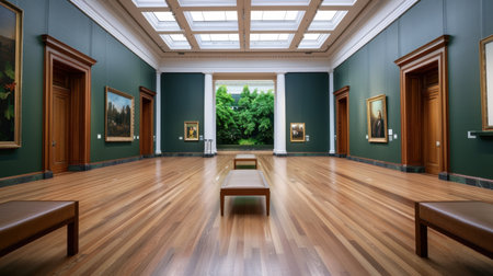 A serene art gallery interior featuring elegant wooden floors, vibrant artwork on display, and lush greenery visible through large windows.の素材