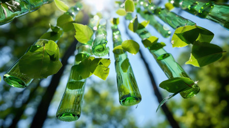 A stunning display of glass bottles suspended delicately among fresh green leaves, creating a serene atmosphere in a vibrant forest with sunlight shining through.の素材