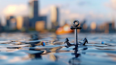 A close-up image of a metal anchor submerged partly in water, with a soft focus on a vibrant city skyline in the background, conveying serenity and adventure.の素材