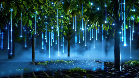 This captivating image showcases an enchanted forest at night, featuring illuminated trees with glowing lights suspended from branches above. A mystical atmosphere filled with mist adds a dreamlike quality to the serene landscape.の素材
